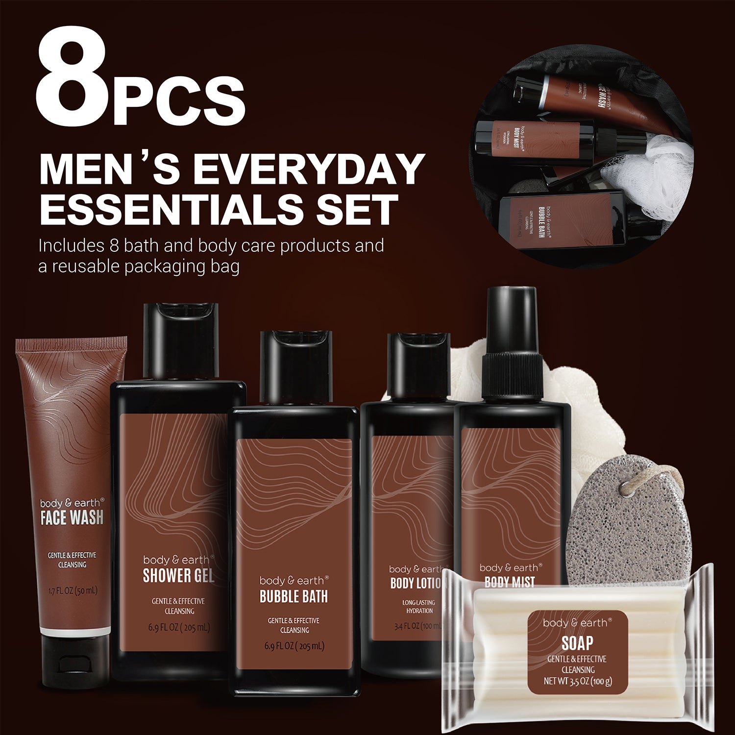 Body & Earth Inc 8 Pcs Luxury Spa Gift Basket Body Wash for Fathers Day Birthday