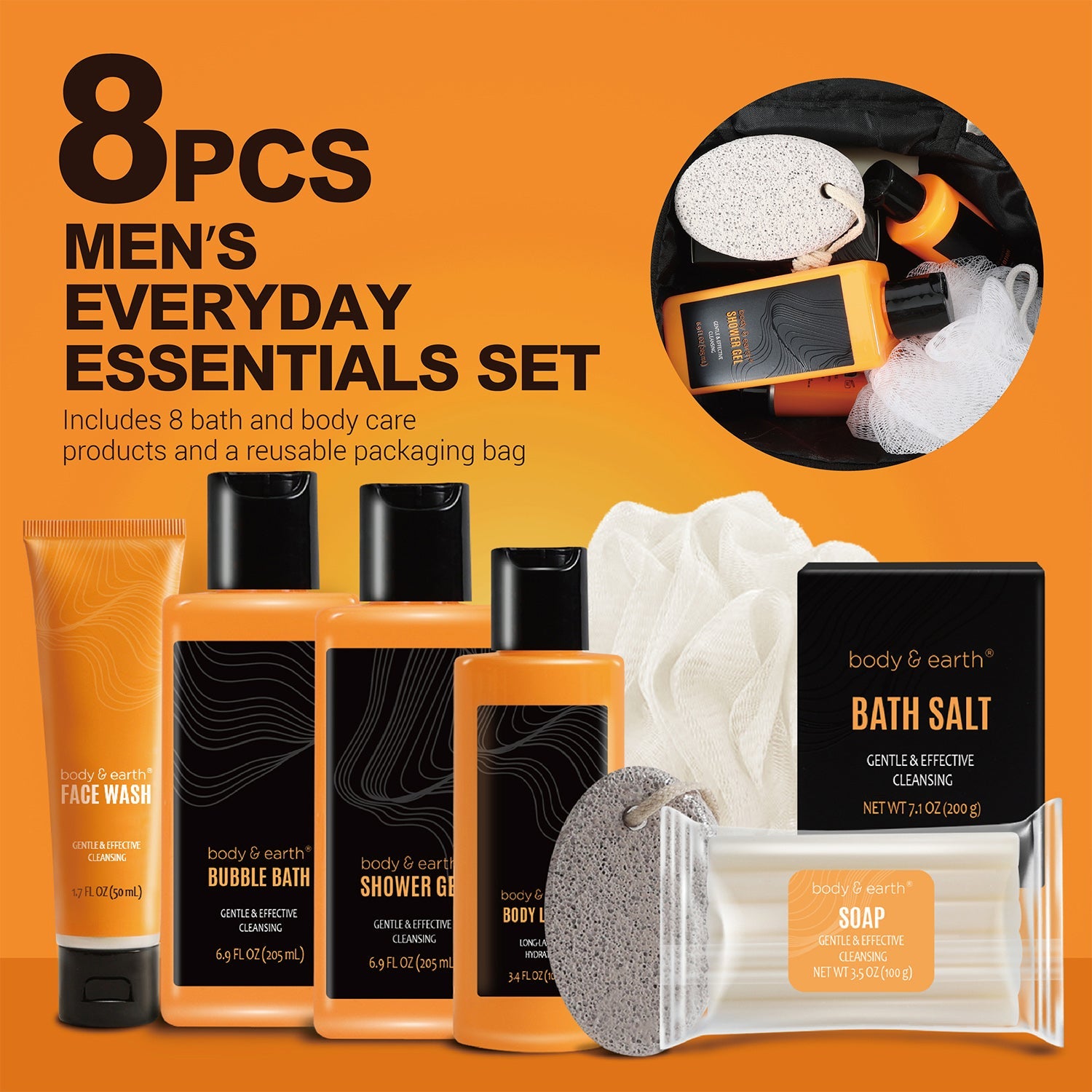 Body & Earth Inc 8pcs Citrus Scented Bath & Body Set Relaxing Birthday Gifts for Fathers Day