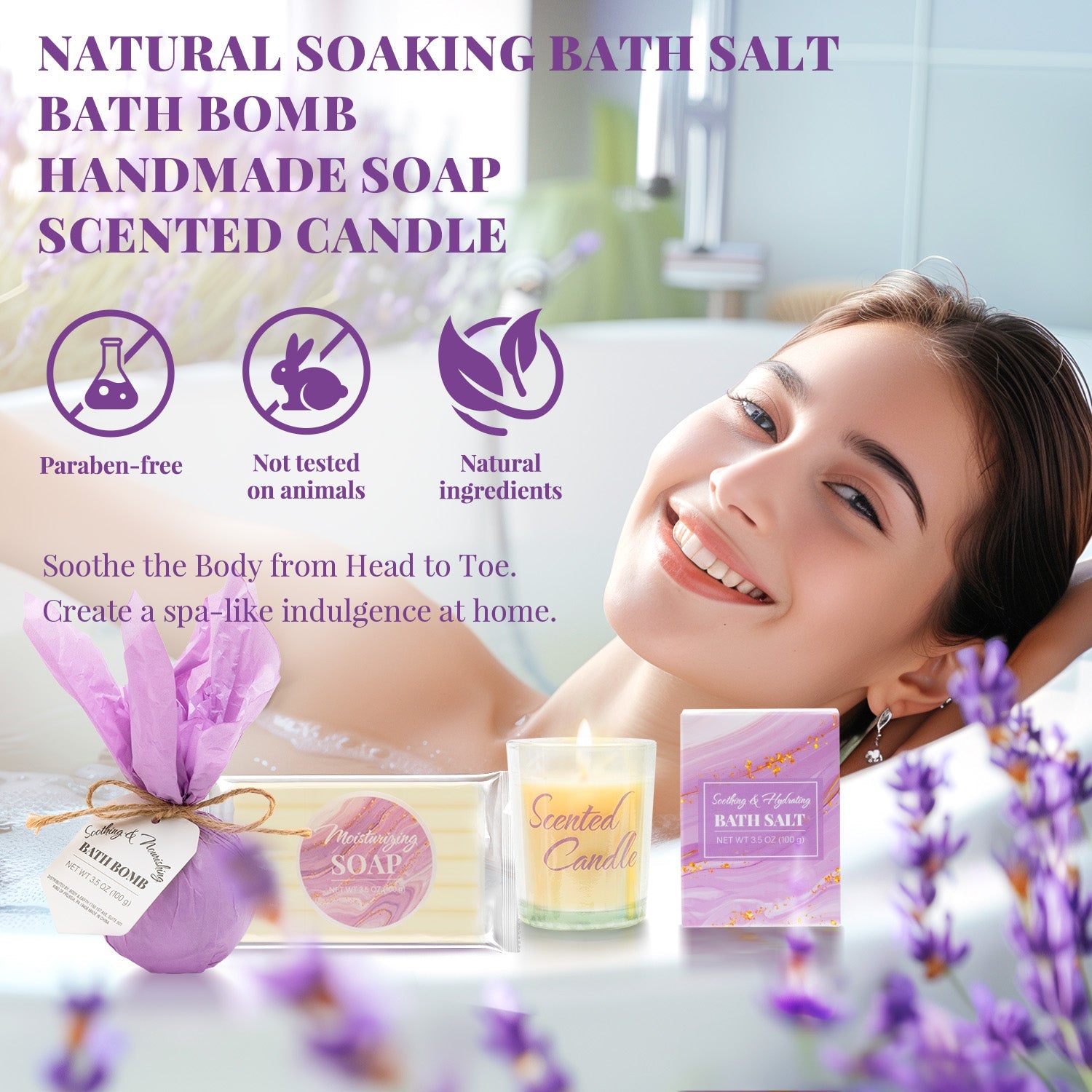 Body & Earth Inc Luxury 7 Pcs Lavender Bath Set for Birthday with a Stainless Steel Tumbler