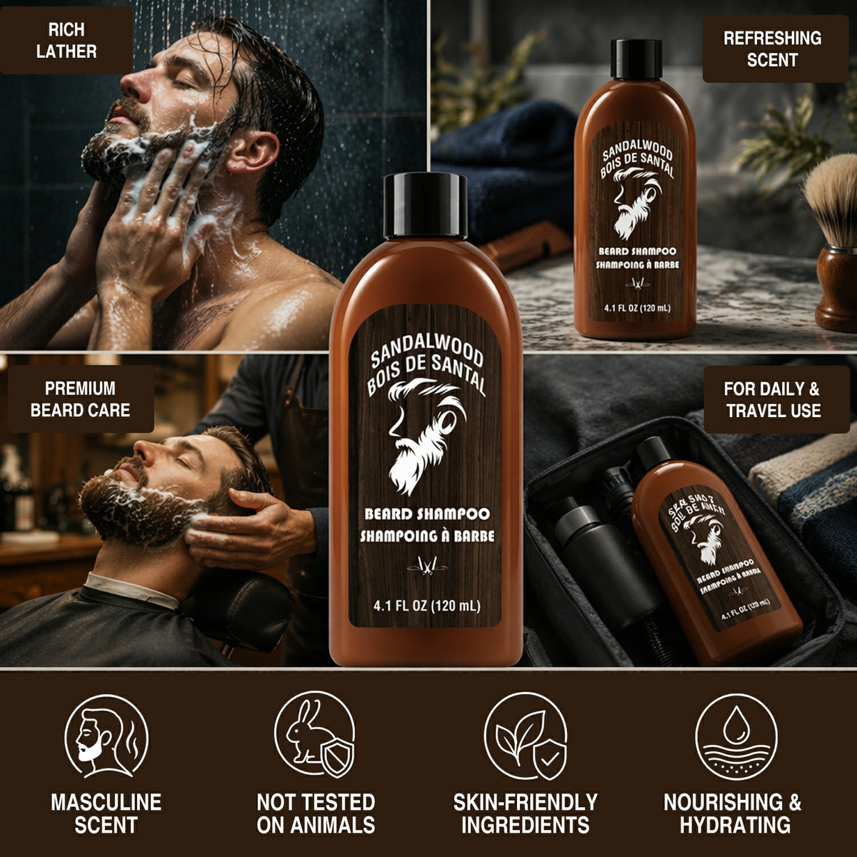 Rinse & Robust Beard Care Gift Set for Men, 6Pcs Premium Sandalwood Beard Grooming Kit