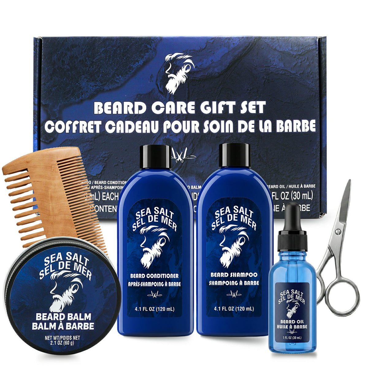 Rinse & Robust Beard Grooming Kit for Men, Natural Sea Salt Beard Care Set with Beard Shampoo Conditioner Oil Balm Comb Scissors