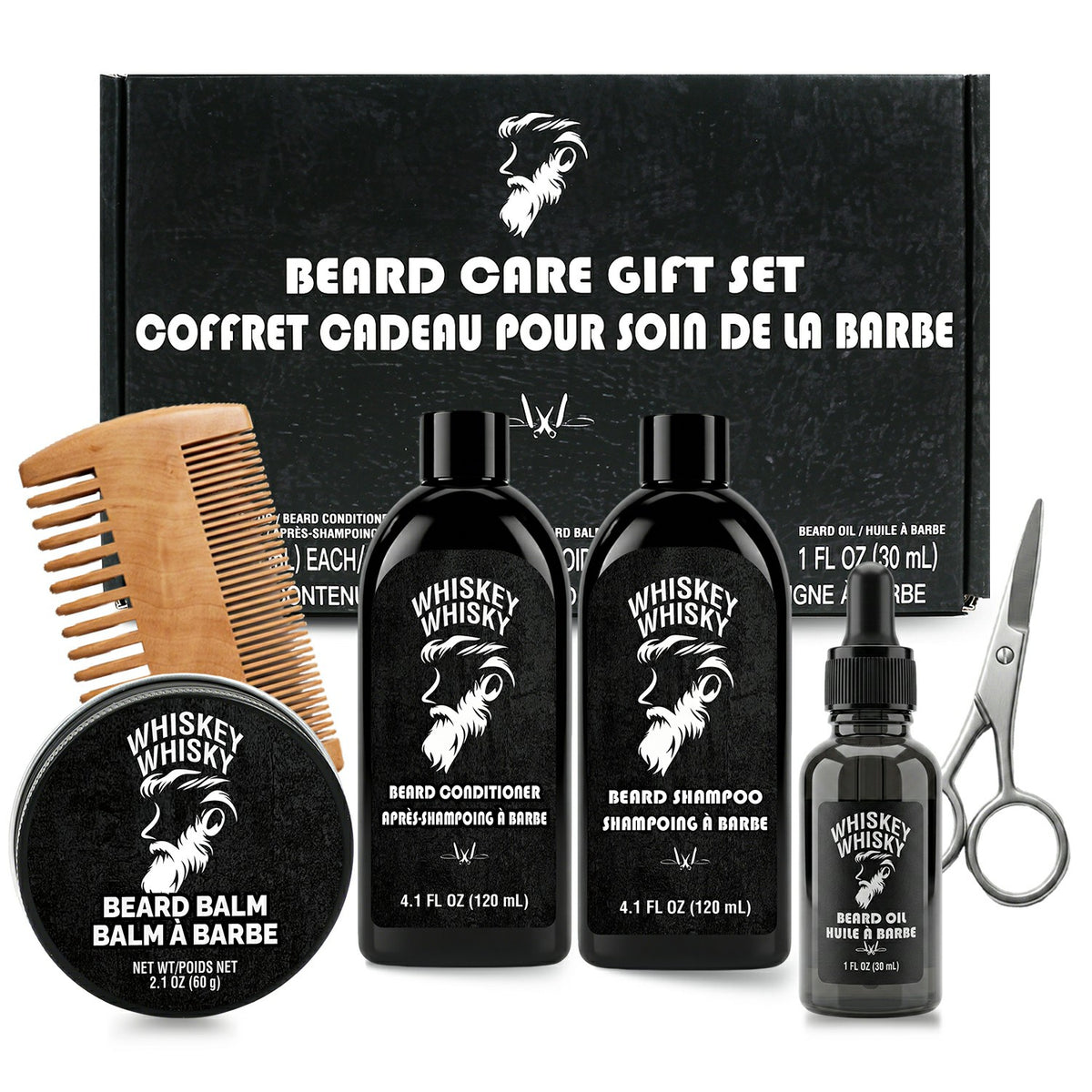 Rinse & Robust Beard Kit for Men, 6Pcs Deluxe Whiskey Beard Grooming Kit with Beard Shampoo Conditioner Oil Balm Comb Scissors