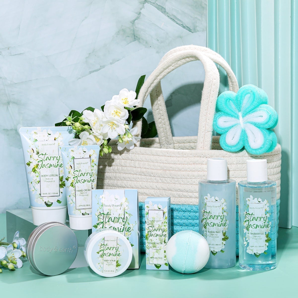 Body & Earth Bath Sets 11 Pcs Jasmine Scented Women Bath Set Gift Basket