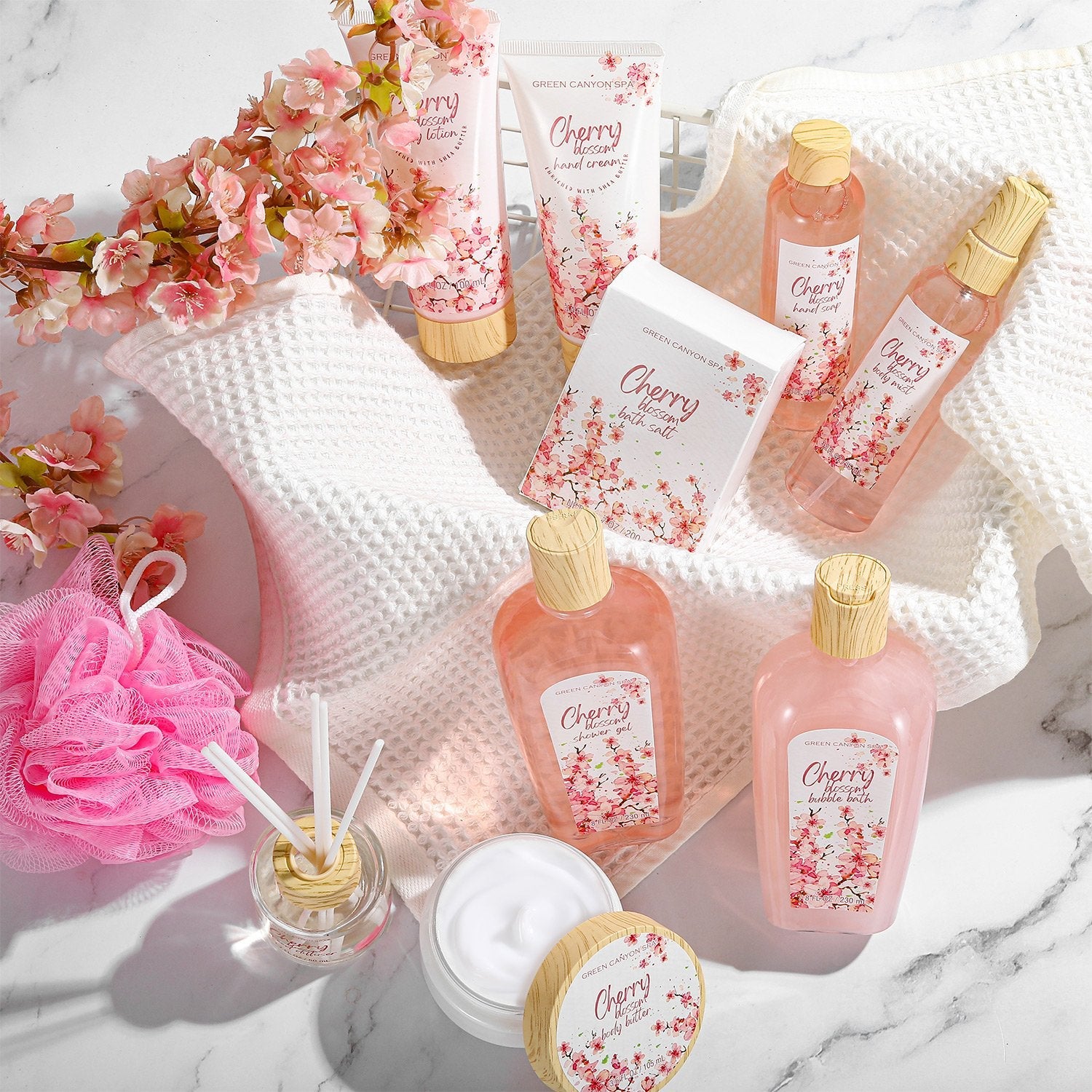 Green Canyon Spa Gift Sets Cherry Blossom Everyday Bath Set Tote