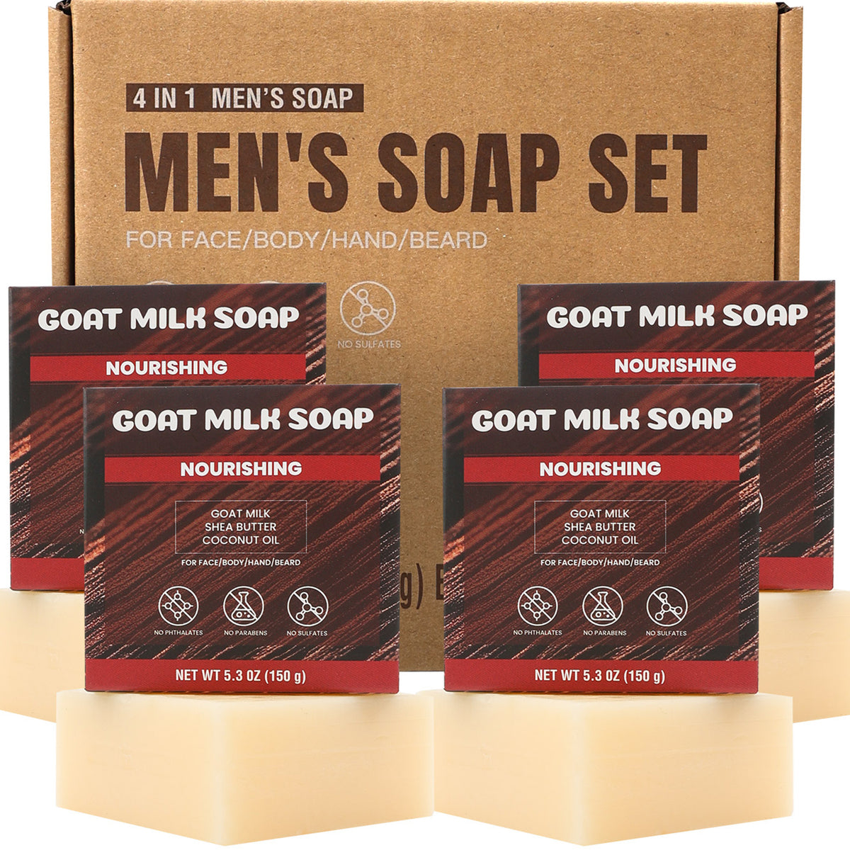 Rinse &amp; Robust Soap Bars Gift Sets Hands &amp; Body Cleansing for Men, Goat Milk Scent 4-Pack