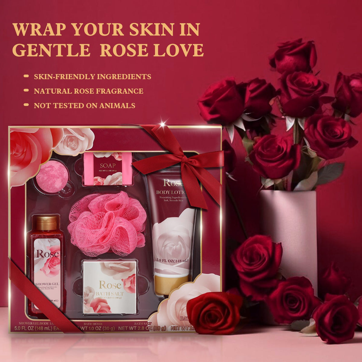 Body & Earth Spa Bath Gift Sets for Women, Rose 6pcs Beauty Holiday Gifts for Mom