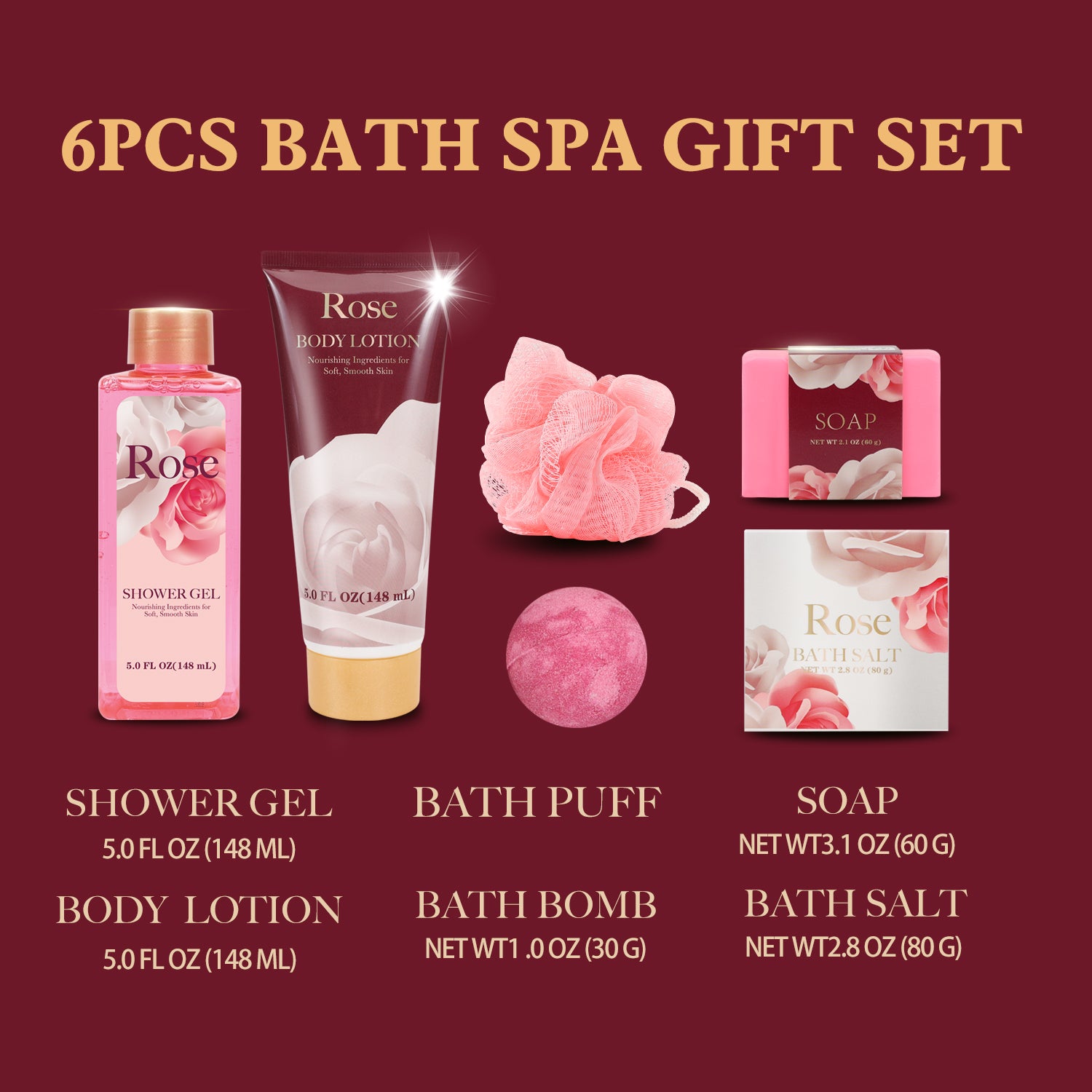 Body &amp; Earth Body Care Body &amp; Earth Spa Bath Gift Sets for Women, Rose 6pcs Beauty Holiday Gifts for Mom