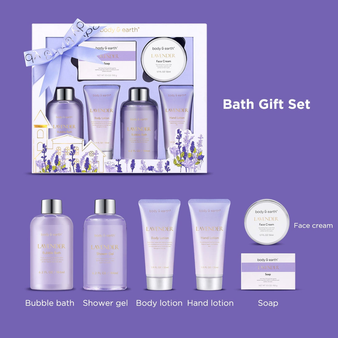 Body & Earth Inc 6 Pcs Lavender Relaxing Bath and Body Set