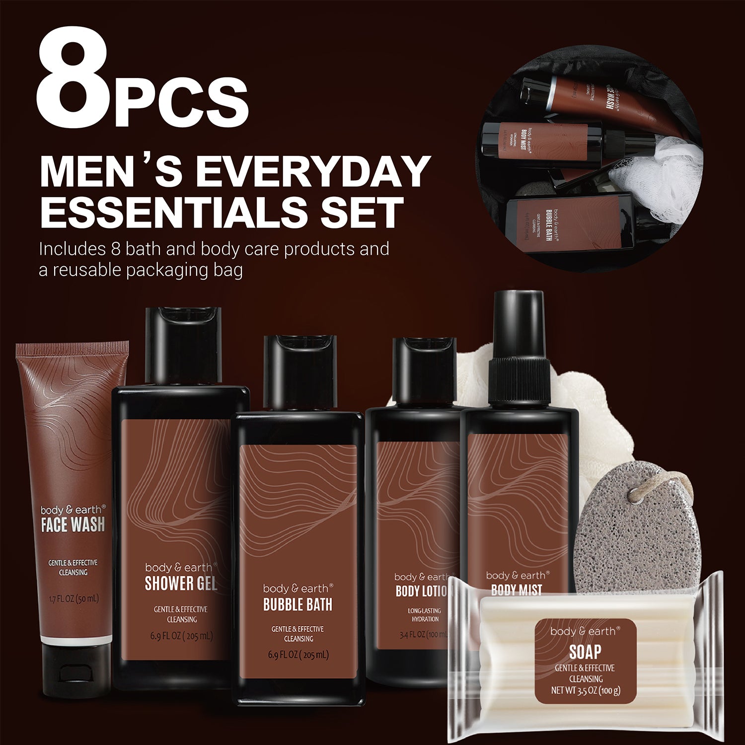 Body &amp; Earth Inc 8 Pcs Luxury Spa Gift Basket Body Wash for Fathers Day Birthday