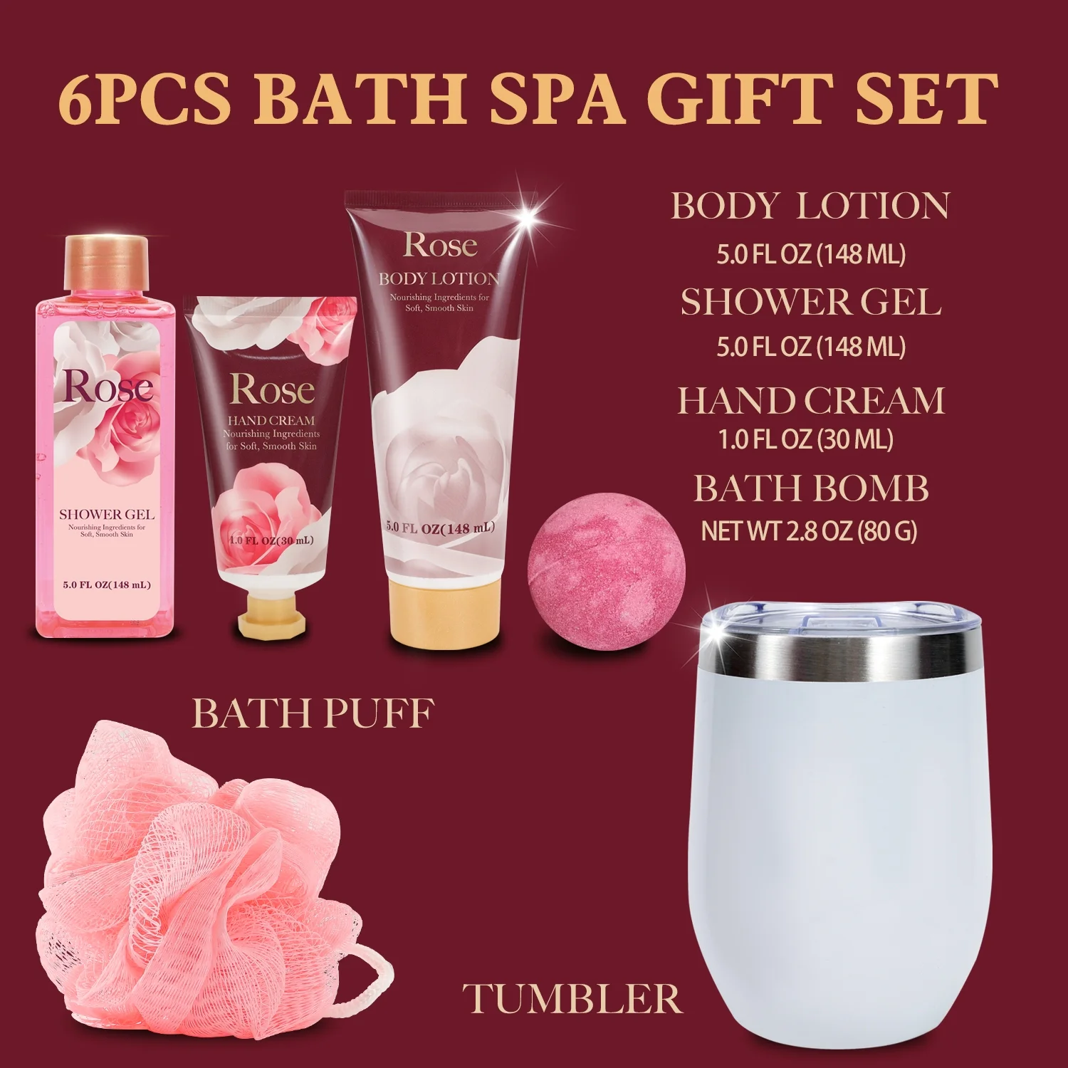 Body &amp; Earth Inc Green Canyon Spa Gift Sets for Women, 6Pcs Rose Bath Kits with Tumbler, Birthday Box Gifts for Her