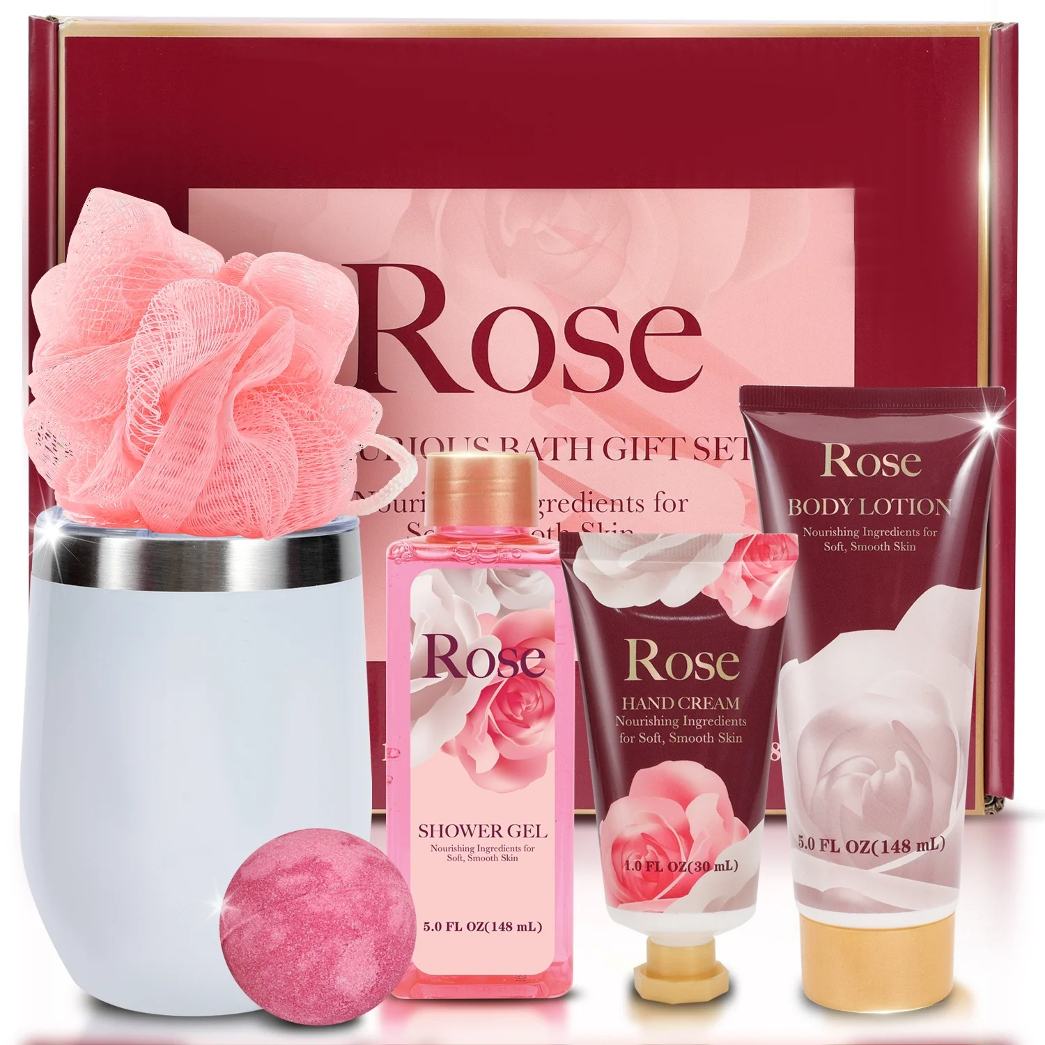 Body &amp; Earth Inc Green Canyon Spa Gift Sets for Women, 6Pcs Rose Bath Kits with Tumbler, Birthday Box Gifts for Her