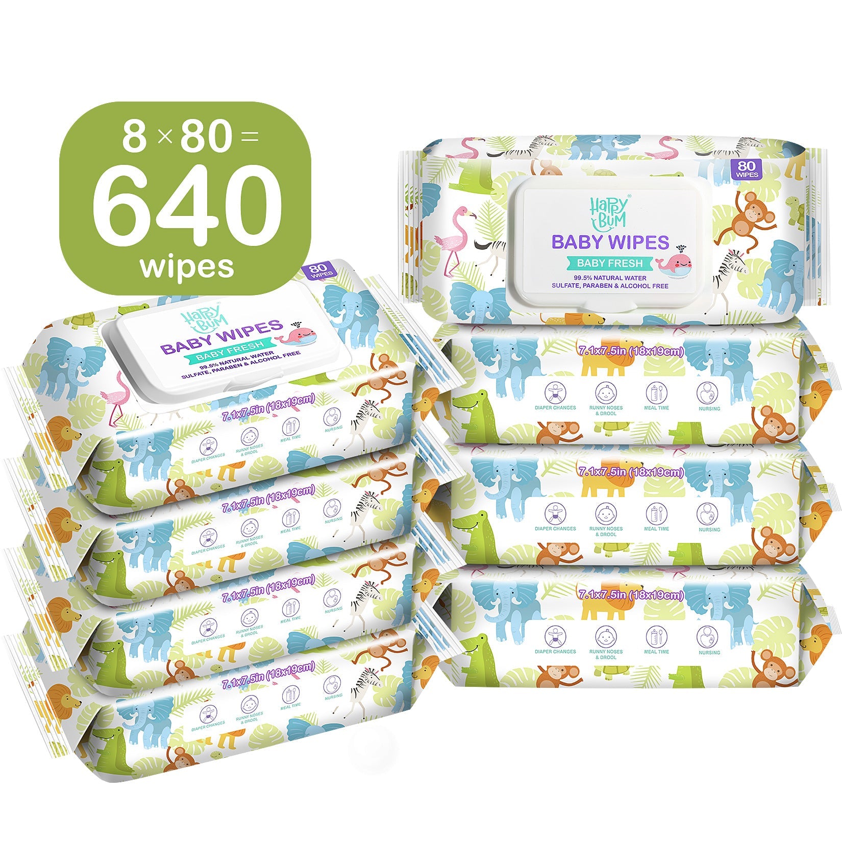 Body &amp; Earth Inc HAPPY BUM Baby Wet Wipes, Baby Water Wipes Unscented, 8 Packs, 640 Count