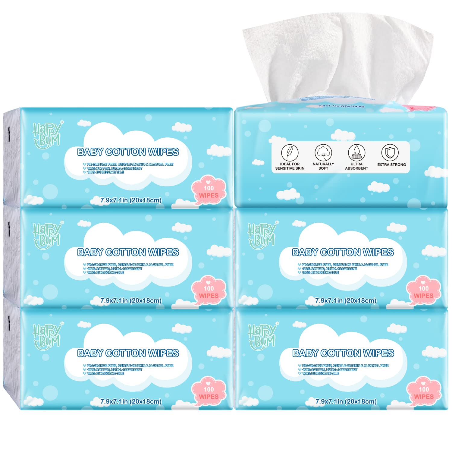 Body &amp; Earth Inc HAPPY BUM Soft Dry Wipe Baby Dry Wipes, Unscented Tissue for Sensitive Skin, Dry and Wet Use, 300 Count