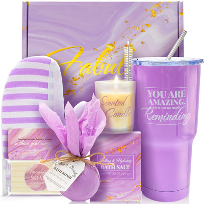 Body &amp; Earth Inc Luxury 7 Pcs Lavender Bath Set for Birthday with a Stainless Steel Tumbler