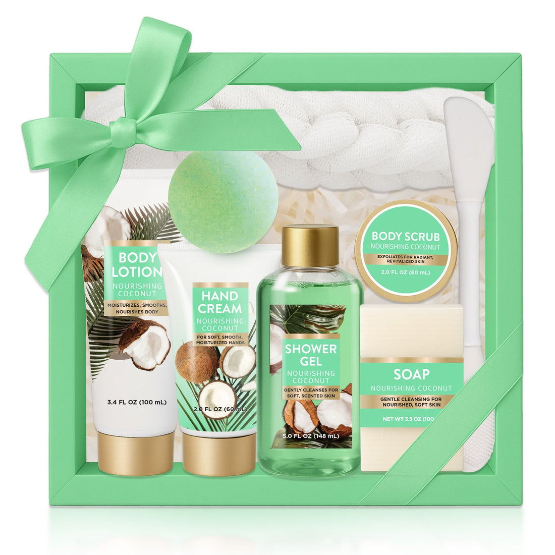 Body & Earth Inc Spa Luxetique Bath Sets, Coconut Birthday Gifts for Women Pampering, 8 Pcs