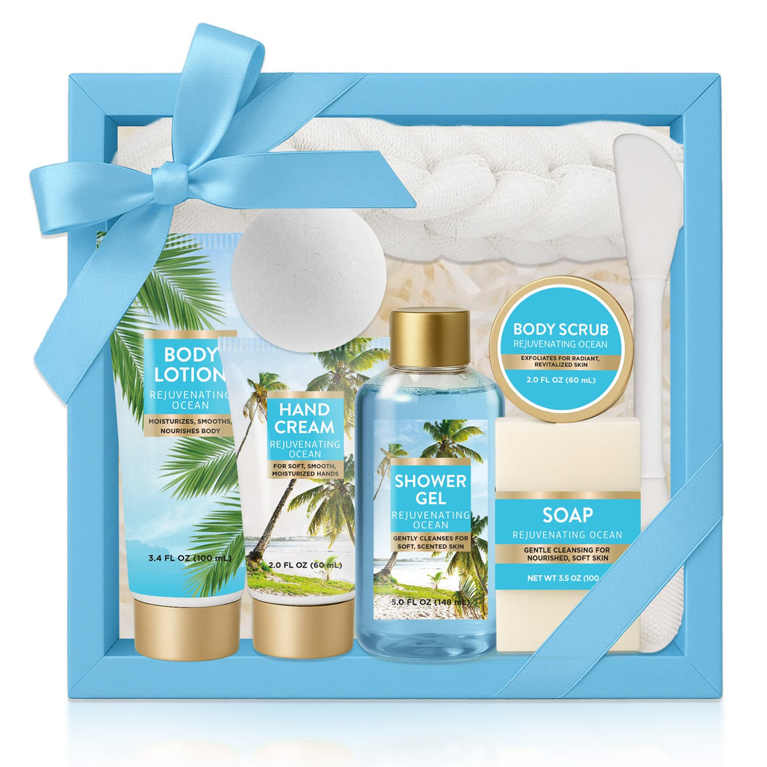 Body & Earth Inc Spa Luxetique Gift Baskets, Fresh Ocean Scent Bath Sets for Women, 8 Pcs