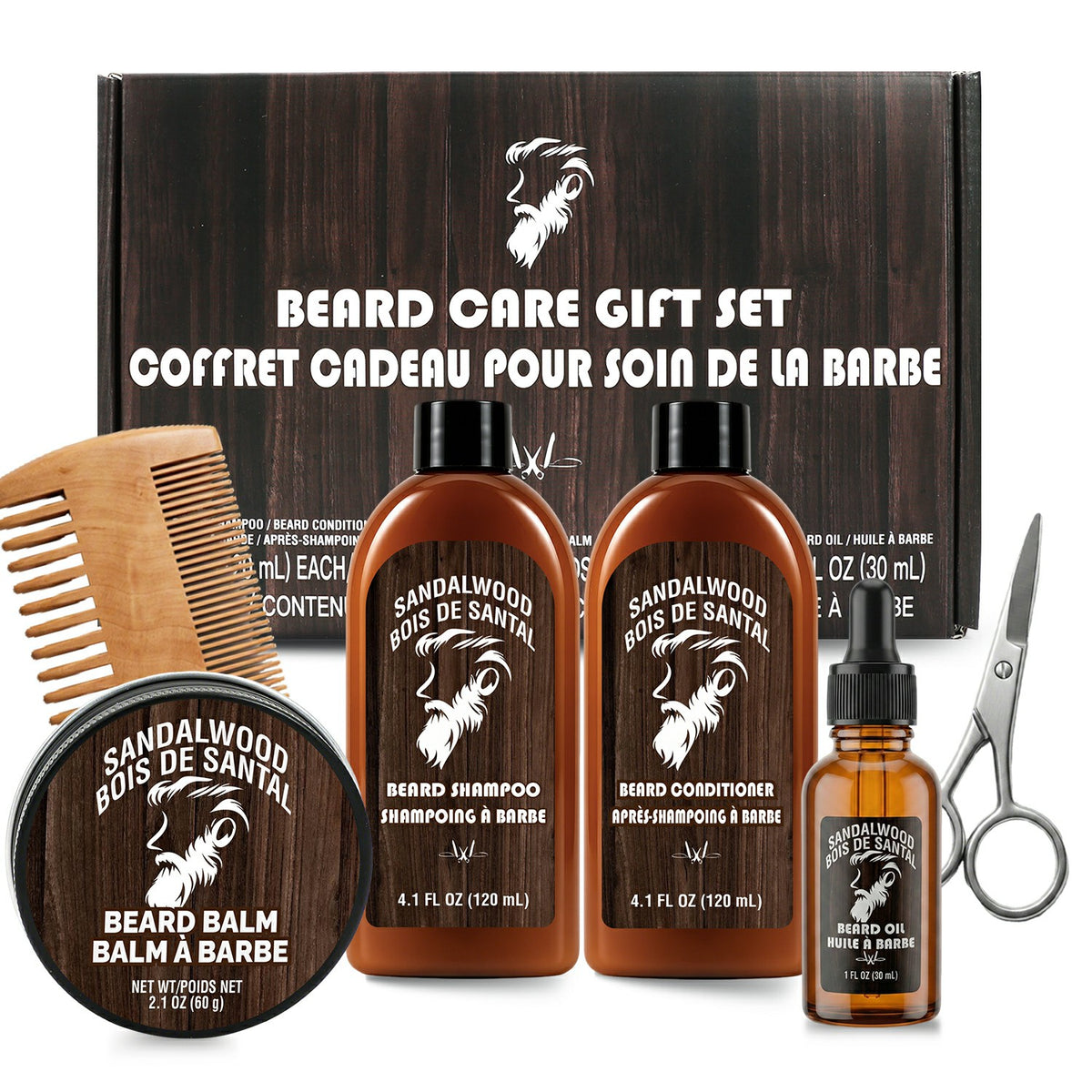 Rinse &amp; Robust Beard Care Gift Set for Men, 6Pcs Premium Sandalwood Beard Grooming Kit