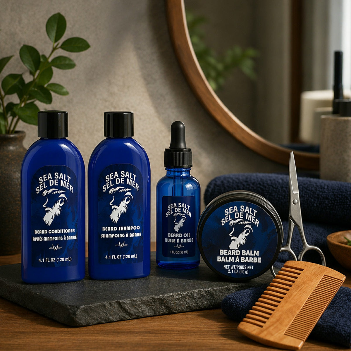 Rinse &amp; Robust Beard Grooming Kit for Men, Natural Sea Salt Beard Care Set with Beard Shampoo Conditioner Oil Balm Comb Scissors