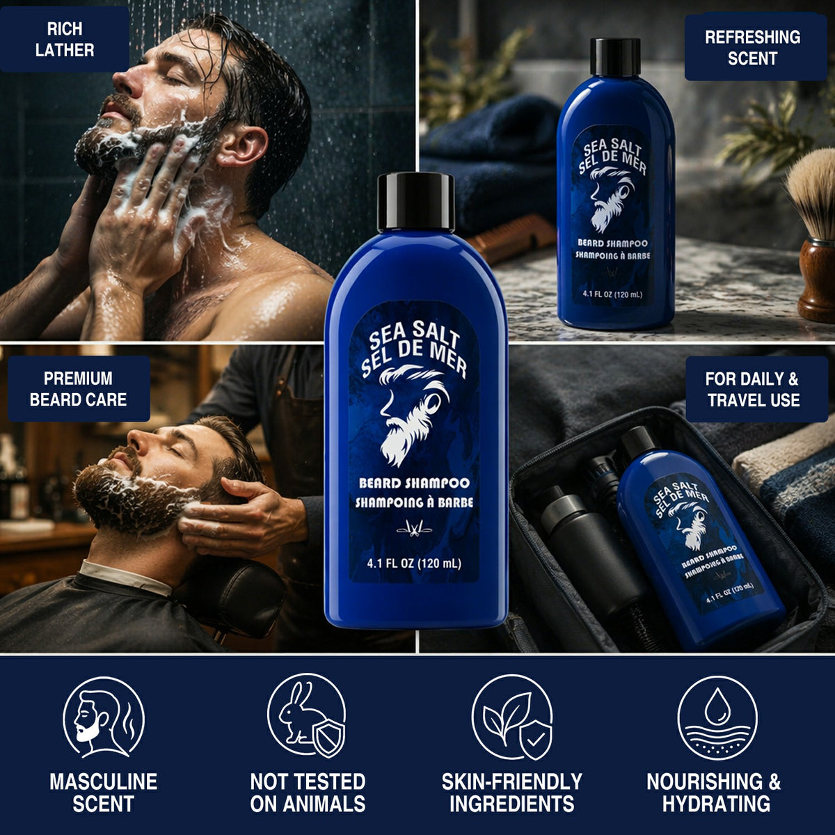 Rinse &amp; Robust Beard Grooming Kit for Men, Natural Sea Salt Beard Care Set with Beard Shampoo Conditioner Oil Balm Comb Scissors