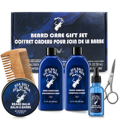 Rinse &amp; Robust Beard Grooming Kit for Men, Natural Sea Salt Beard Care Set with Beard Shampoo Conditioner Oil Balm Comb Scissors