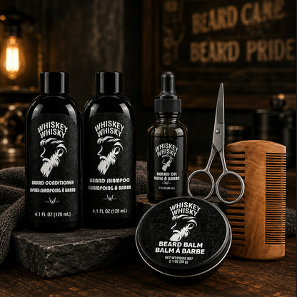 Rinse &amp; Robust Beard Kit for Men, 6Pcs Deluxe Whiskey Beard Grooming Kit with Beard Shampoo Conditioner Oil Balm Comb Scissors