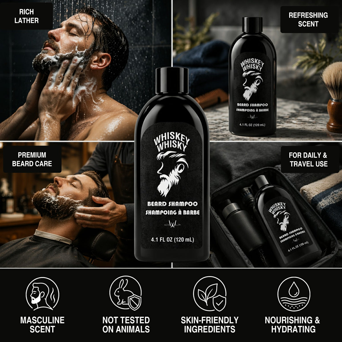 Rinse &amp; Robust Beard Kit for Men, 6Pcs Deluxe Whiskey Beard Grooming Kit with Beard Shampoo Conditioner Oil Balm Comb Scissors