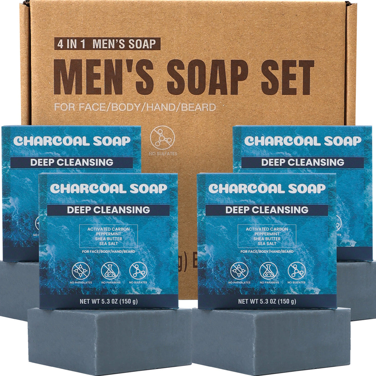 Rinse &amp; Robust Rinse &amp; Robust Ocean Charcoal Bar Soap Gift Set for Men Deep Cleansing, 5.3 oz | 4 Bars